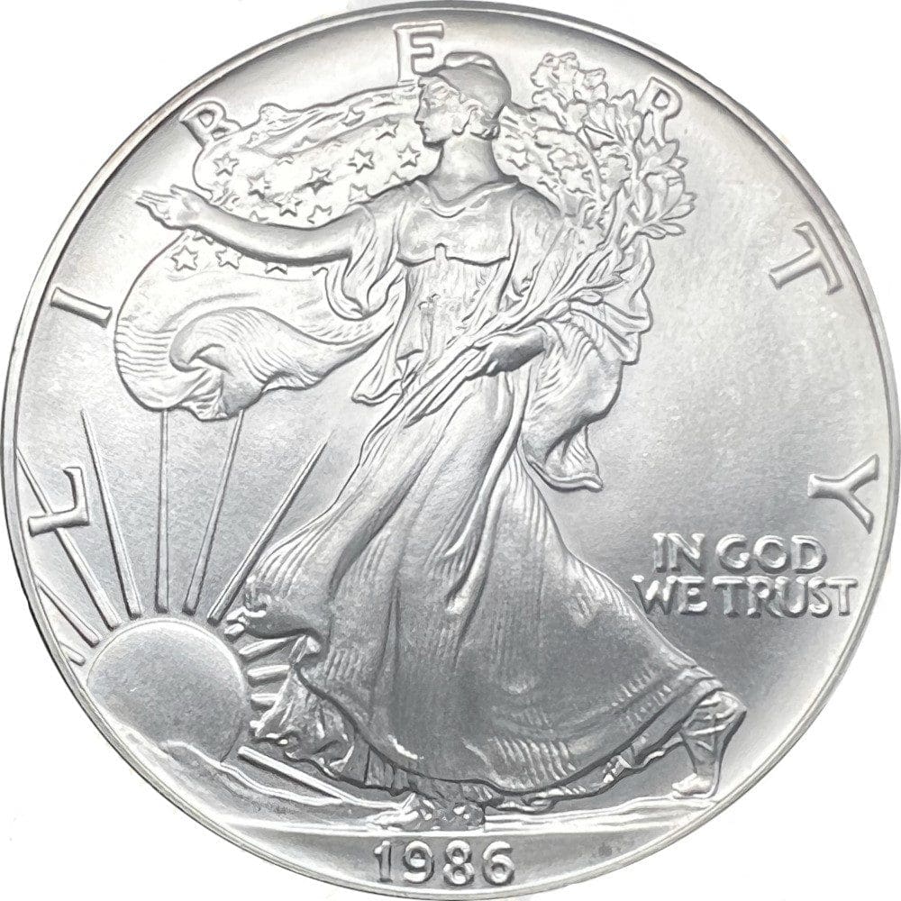 A silver eagle coin is shown on the white background.