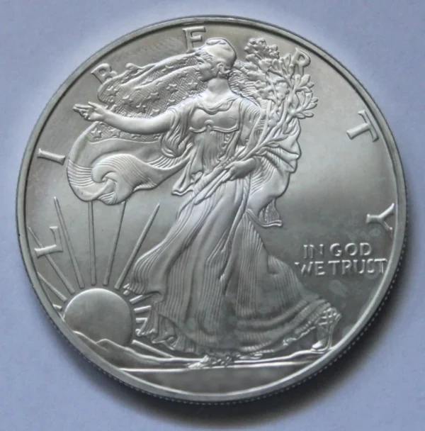 A silver coin with the image of an eagle on it.