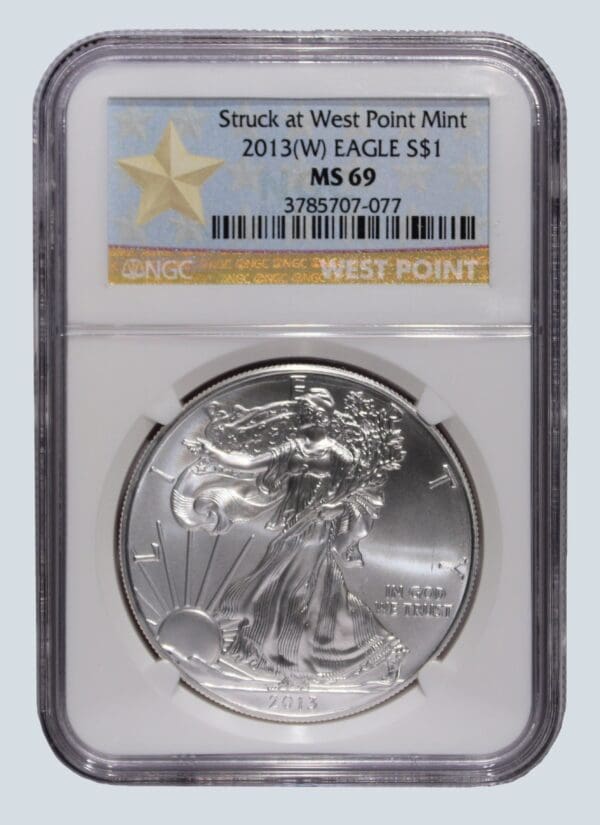 A silver eagle is on the star struck west point mint.