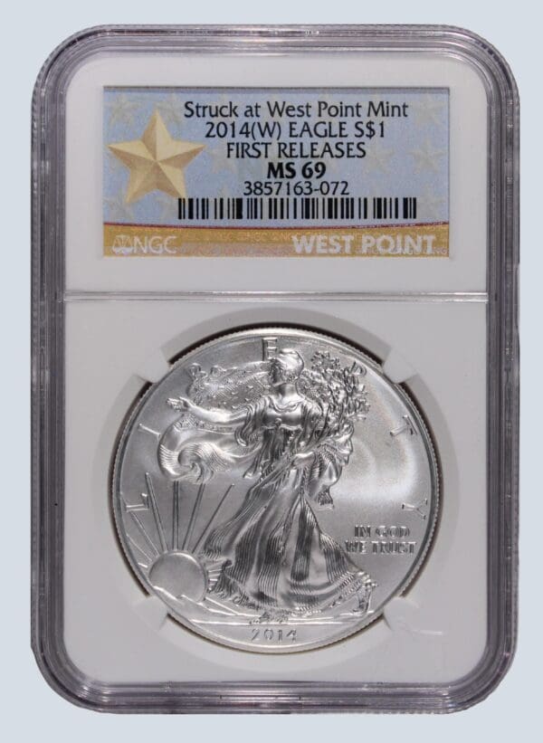 A silver eagle is in an air-tight case.