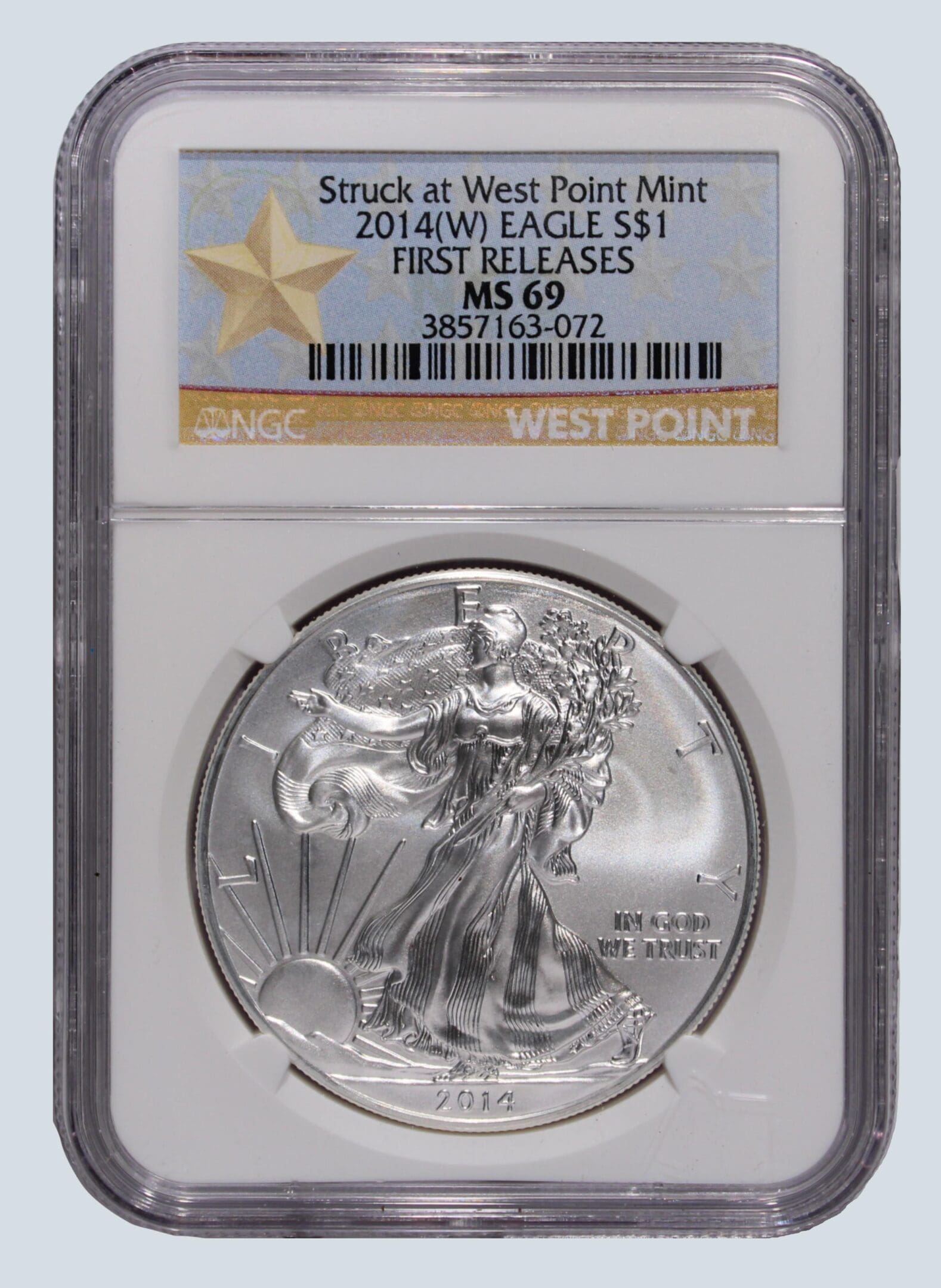 A silver eagle is in an air-tight case.