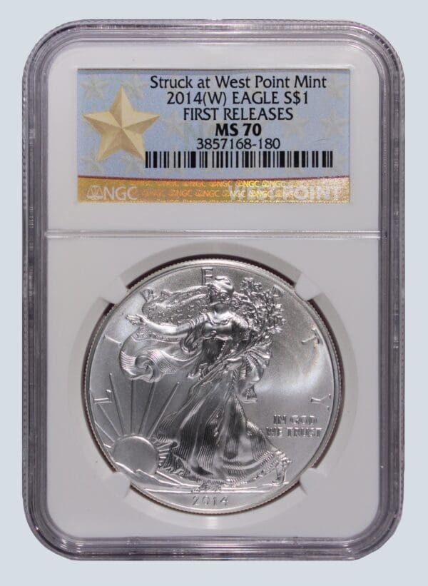 A silver eagle is in an air-tite holder.