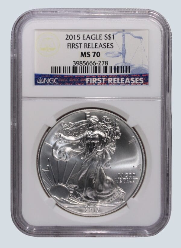 A silver eagle is in an air-tite holder.