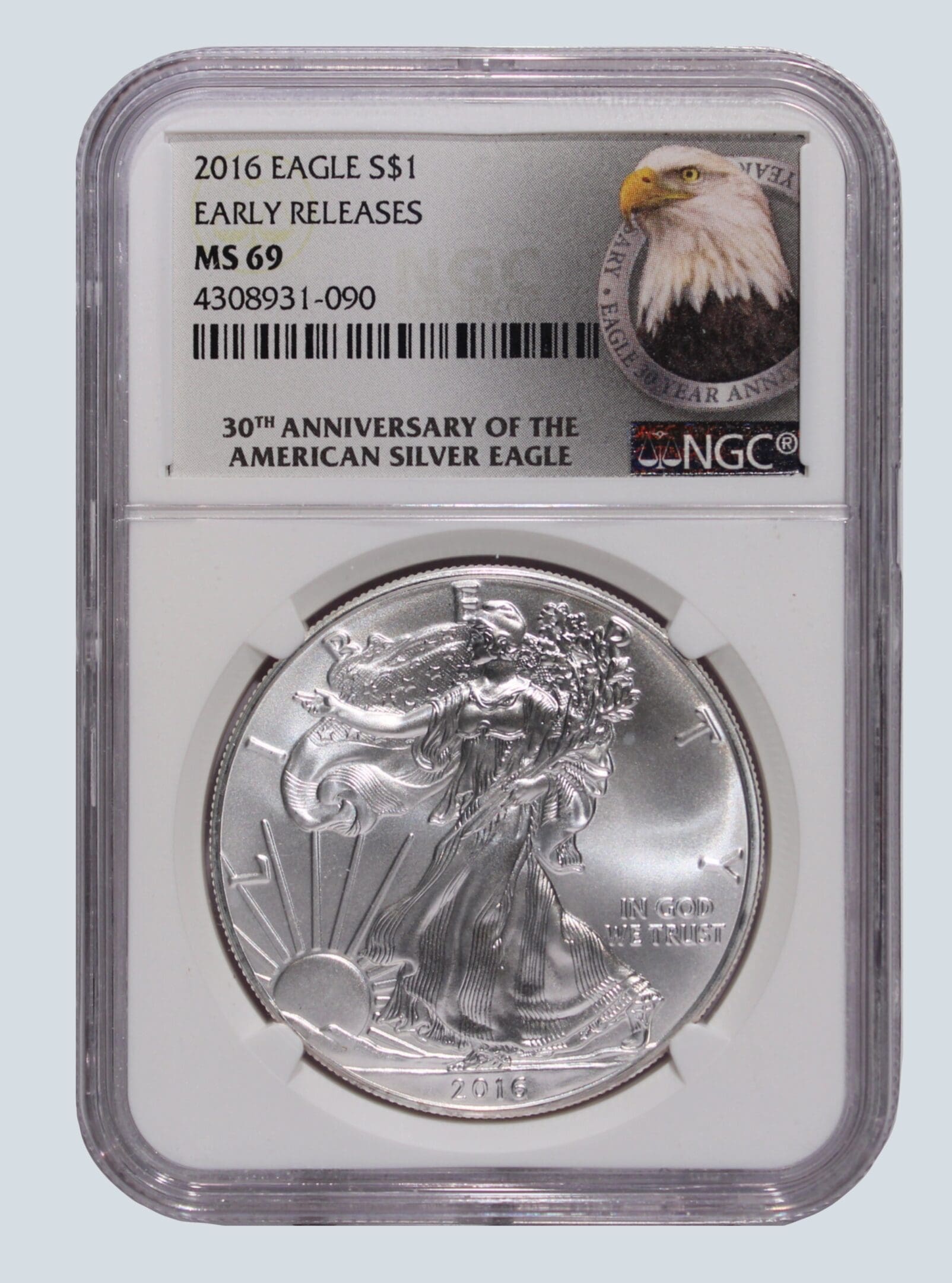 A silver eagle coin is shown on the back of it.