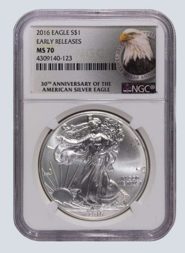 A silver eagle coin is shown in an ngc holder.