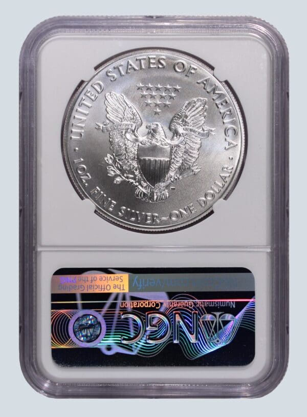 A silver eagle is shown in an ngc holder.