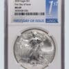 A silver eagle is on the first day of issue.