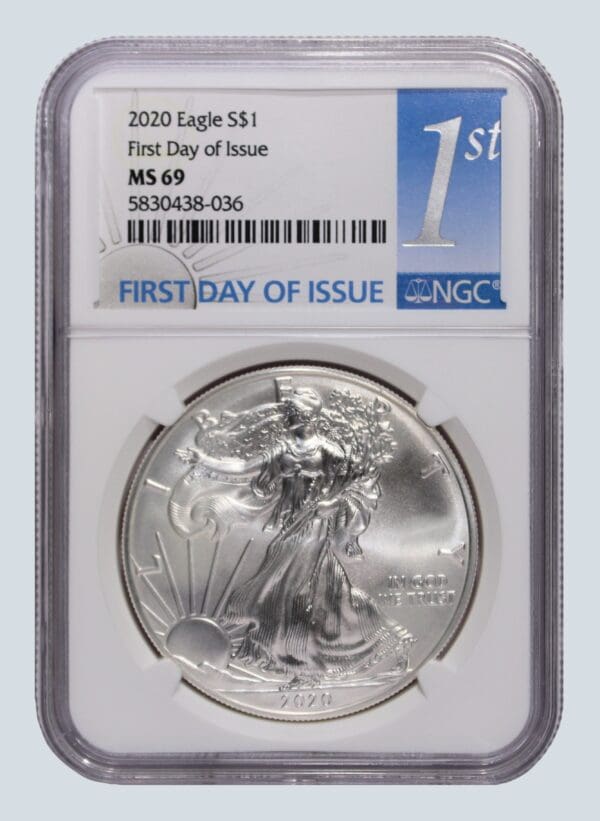 A silver eagle is on the first day of issue.