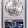 A silver eagle is in an air-tite holder.